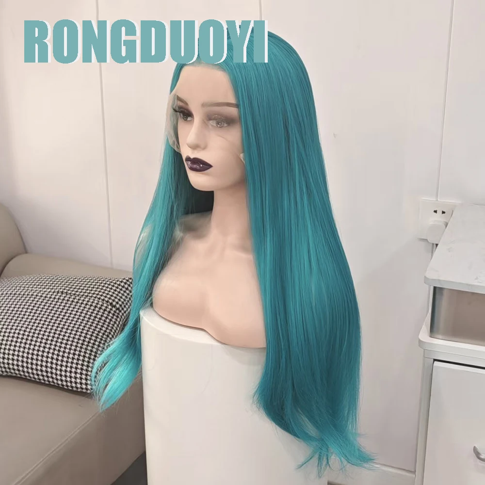 RONGDUOYI Lake Blue Loose Wave Synthetic Wig Natural Straight Heat Friendly Lace Front Wigs Women Cosply Makeup Lake green Hair