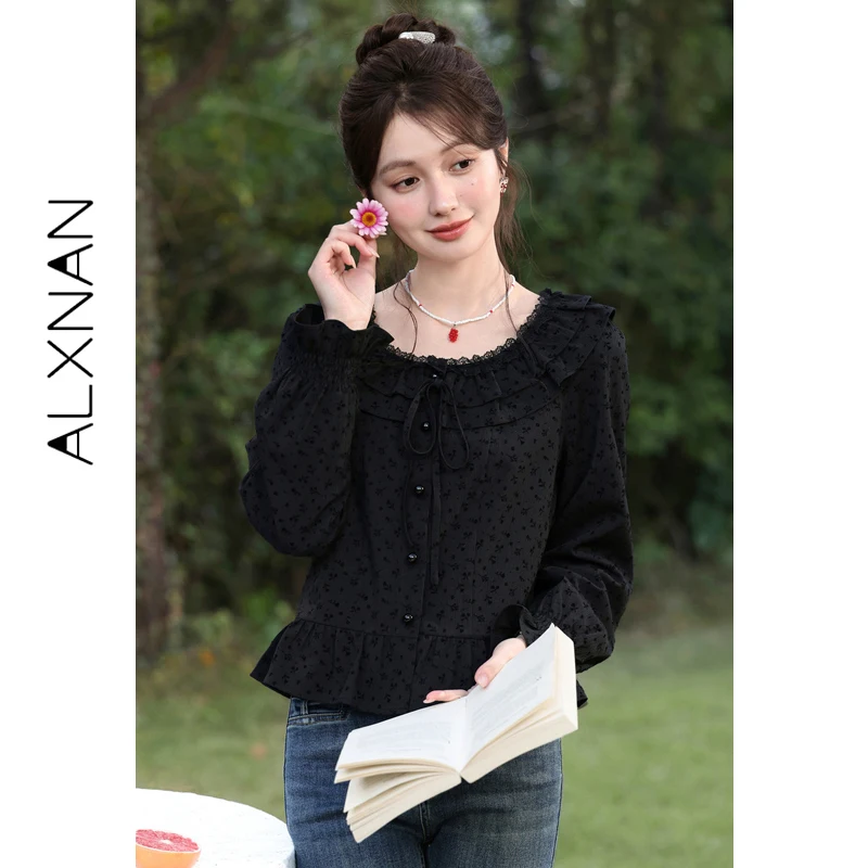 

Женская черная блузка ALXNAN с длинным рукавом, весна 2026, новая коллекция, французское кружево, с рюшами и пышными рукавами, элегантный топ для женщин L61806