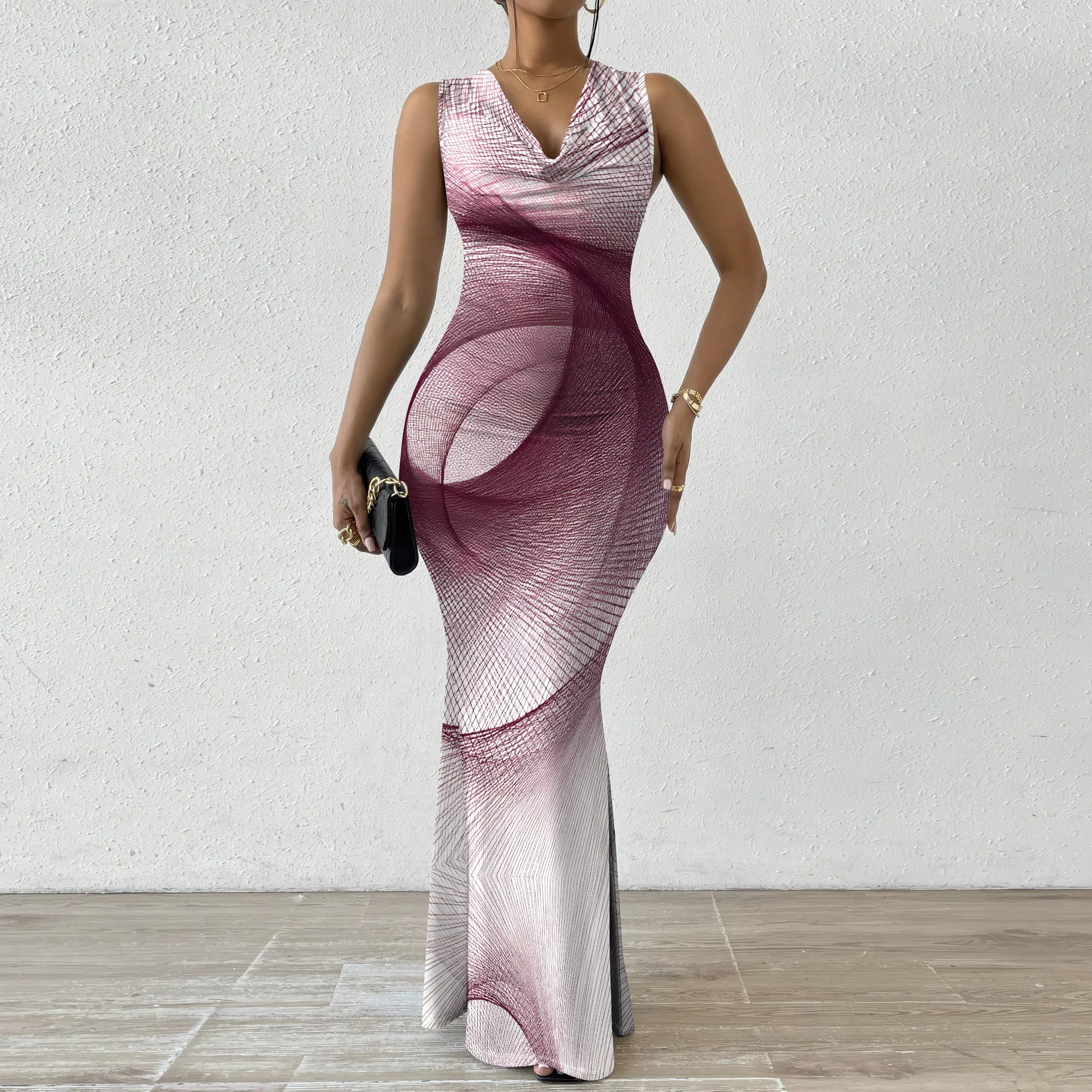

Wine Red Geometric Print Maxi Dress XS-2XL Drape Neck Sleeveless Bodycon Style for Cocktail Party or Art Show
