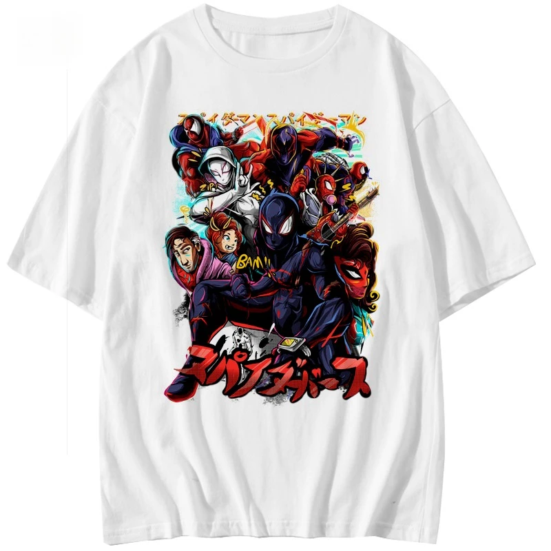 

American Comic Spider-Man Parallel Universe Print Cotton Short-sleeved T-shirt Summer Loose Men's Women's Fashion Half-sleeves