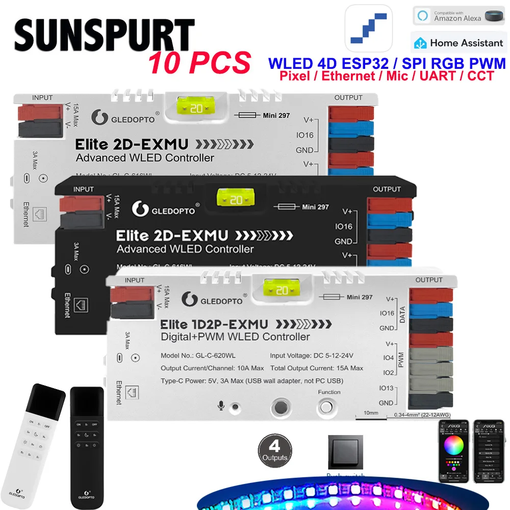

Контроллер светодиодных лент 10GLEDOPTO Elite ESP32 WLED с динамической звуковой активацией, предохранителем 20А, UART, энергосберегающим реле, адресуемой RGB-лентой IC