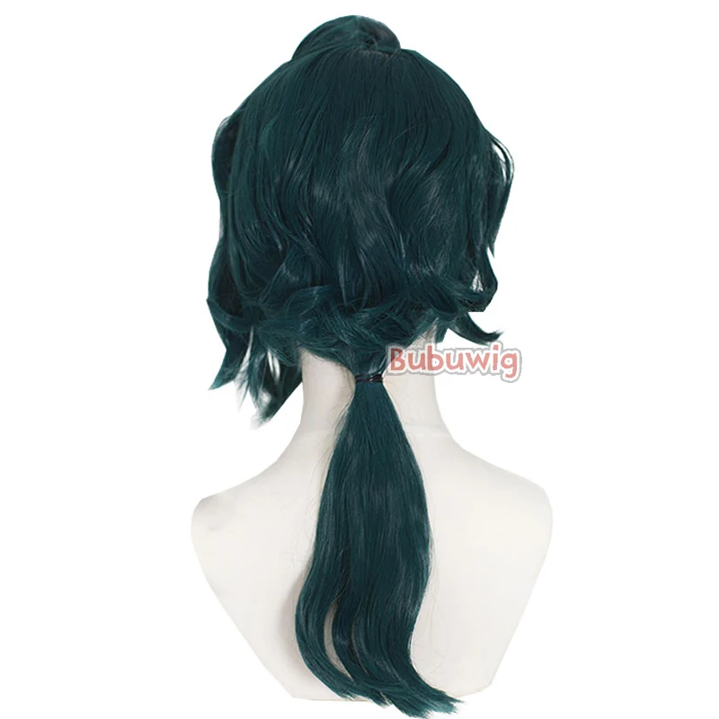 Bubuwig Capelli Sintetici Hwei Parrucche Cosplay Gioco LOL Hwei 60 cm Lunghi Ricci Verde Scuro Uomini Parrucca Ondulata Resistente Al Calore