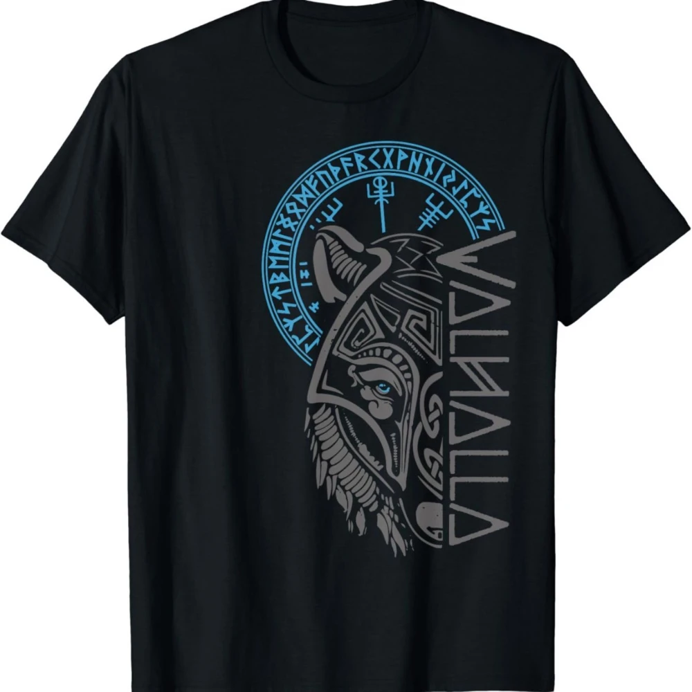 Outdoor-Rundhals-T-Shirt für Herren, bequem und atmungsaktiv, mit Valhalla Wolf Head Odin Runes und einem Kompass-Design