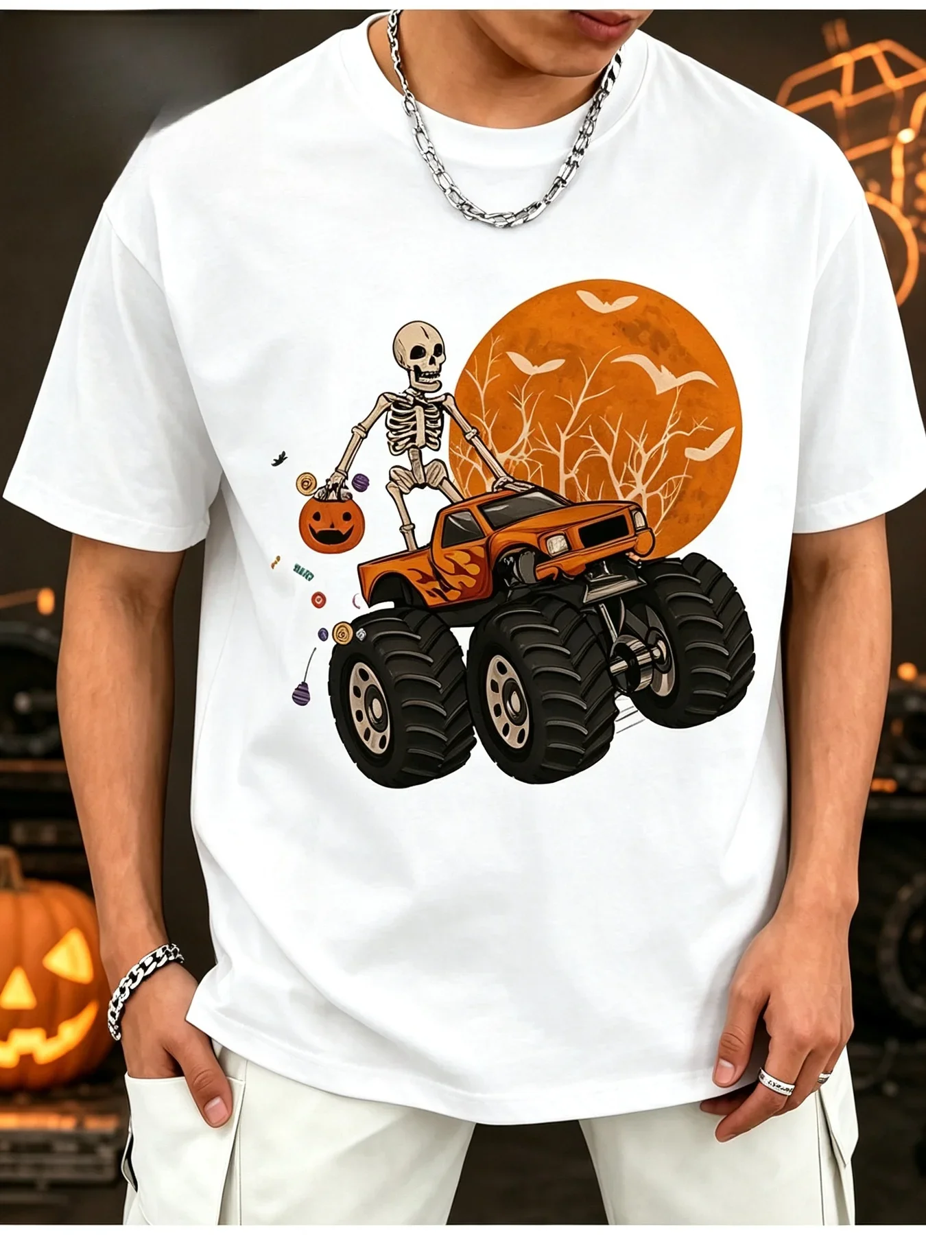 Halloween Bohemian Halloween Costume Men's Sports T-Shirt - Crew Neck Short Sleeve, Skull Monster Truck Pumpkin Bat Print Loose T-Shirt, Street Trend Casual Sports Breathable Top