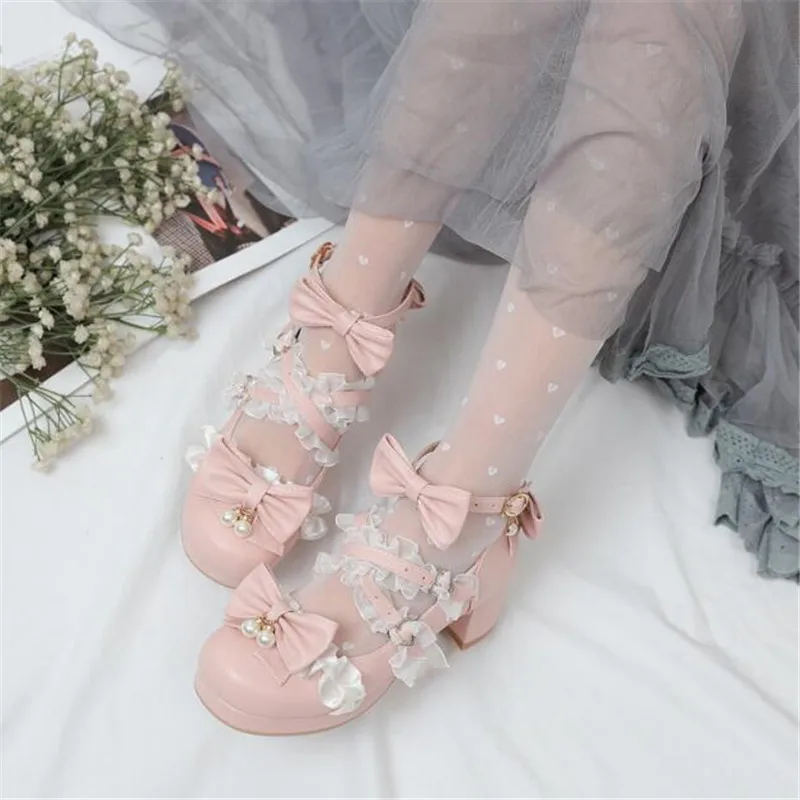 Sepatu kulit anak perempuan sepatu hak tinggi Mary Jane sepatu pantofel pesta pernikahan sepatu Cosplay putri pita stroberi sepatu Lolita 30-43