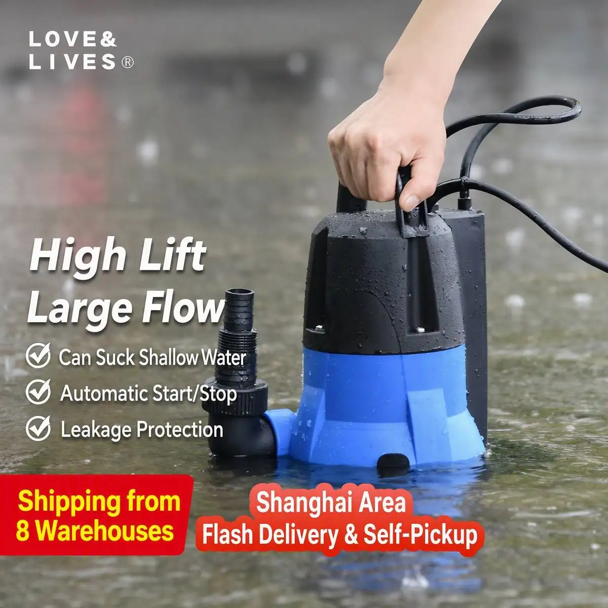 300W Submersible Clear Water Pump 6500L/H Max Lift 5.5M IPX8 Waterproof Automatic Start‑Stop Submersible Water Pump with 10M Cor