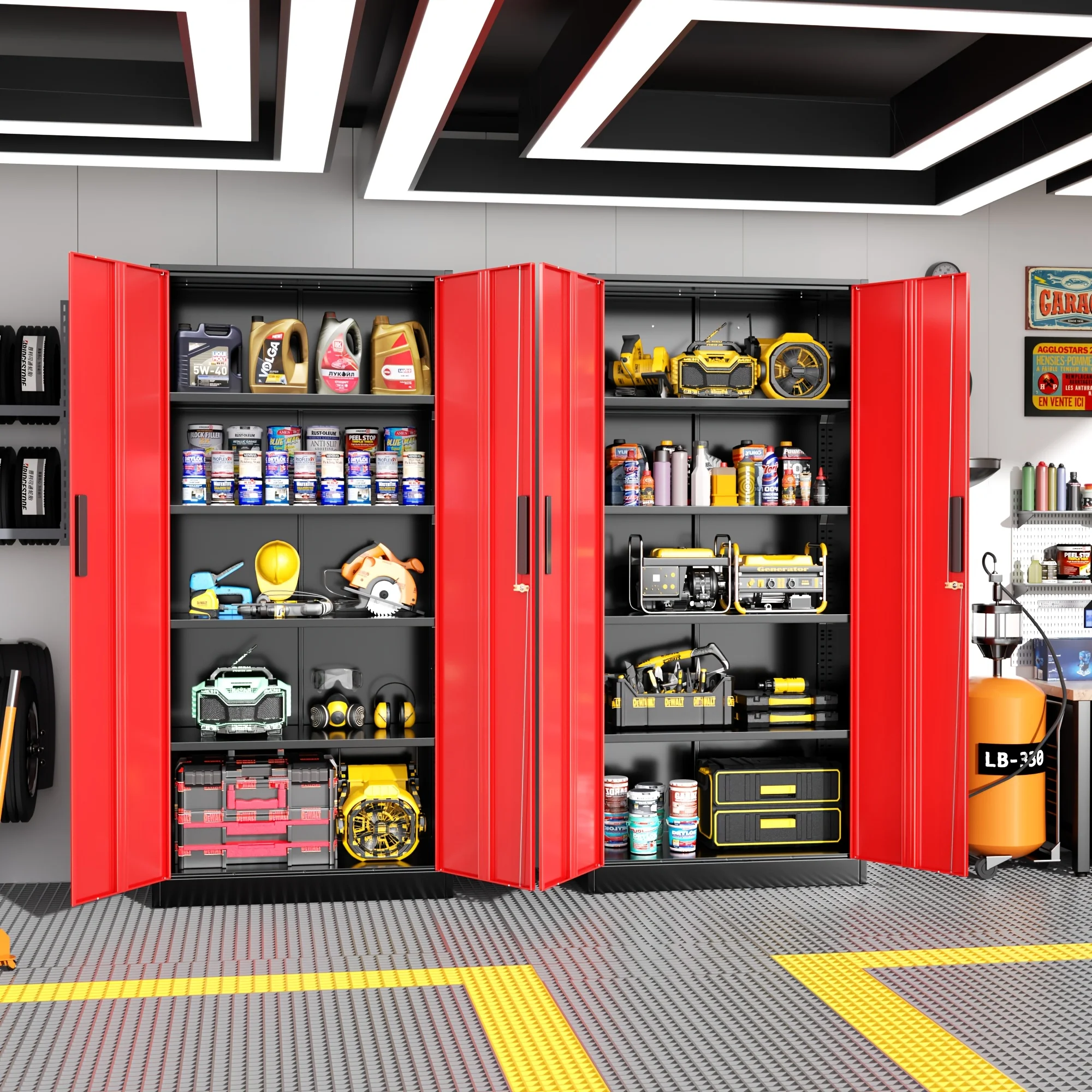 Metal Garage Storage Cabinet, Steel Floor Mount with 2 Doors, 4 Adjustable Shelves, Locking, Painted Finish, Assembly Required