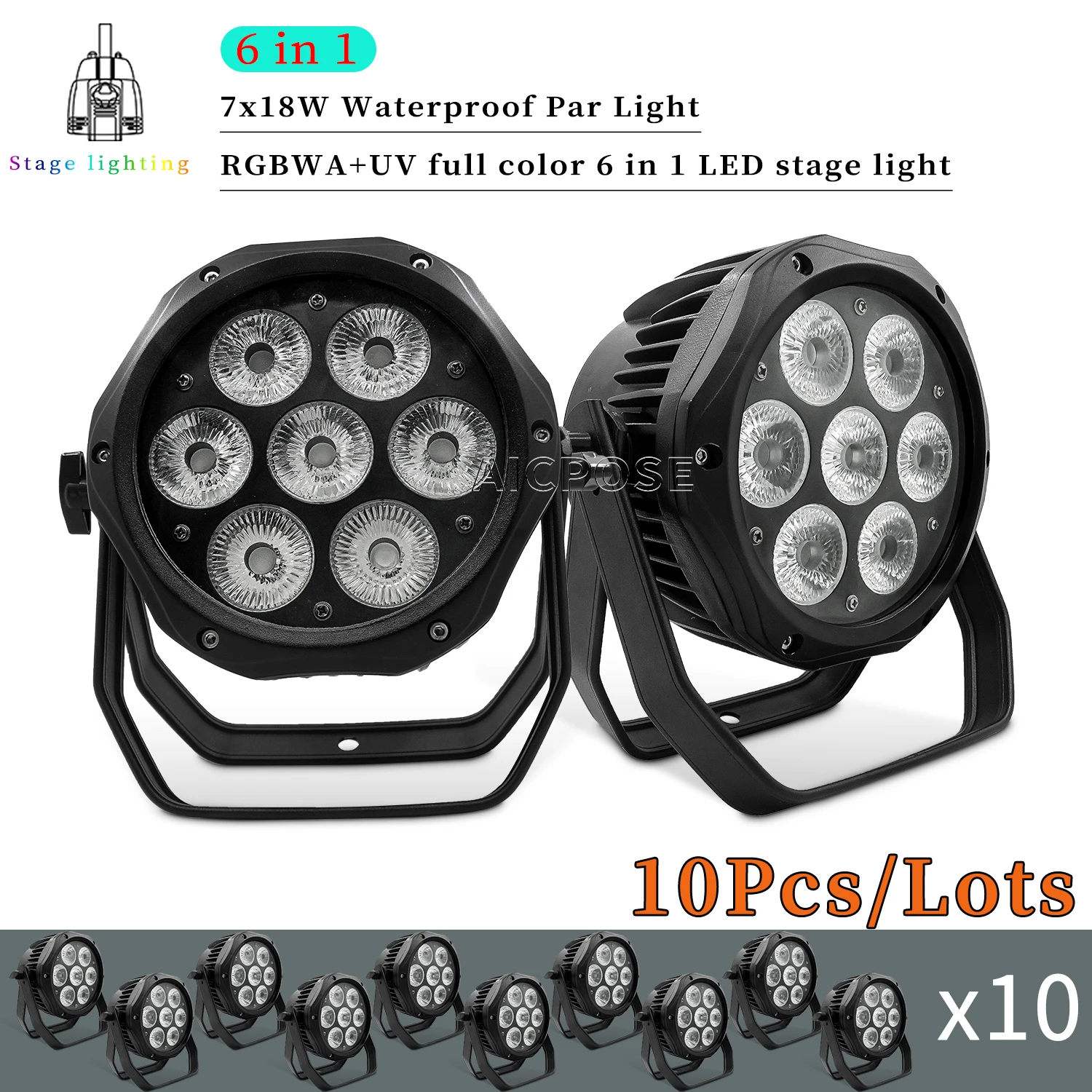 

10Pcs/Lots IP65 Outdoor Waterproof Stage Light 7x12W RGBW/7x18W RGBWA UV 6 in 1 LED Par Light Professional DJ Disco Equipment