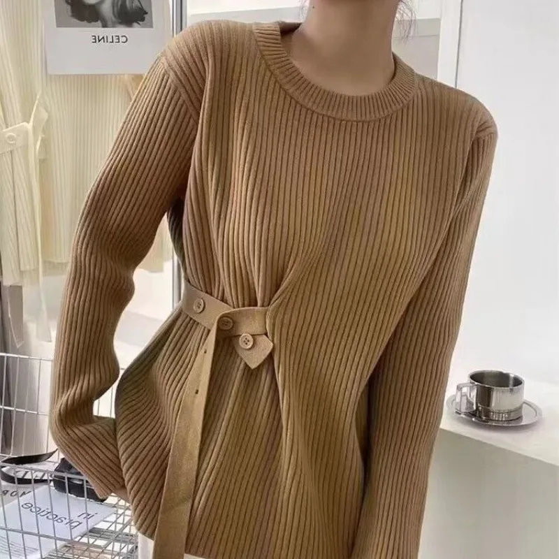 Вязаный свитер для женщин на осень и зиму, новый универсальный свободный пуловер, топ с длинными рукавами