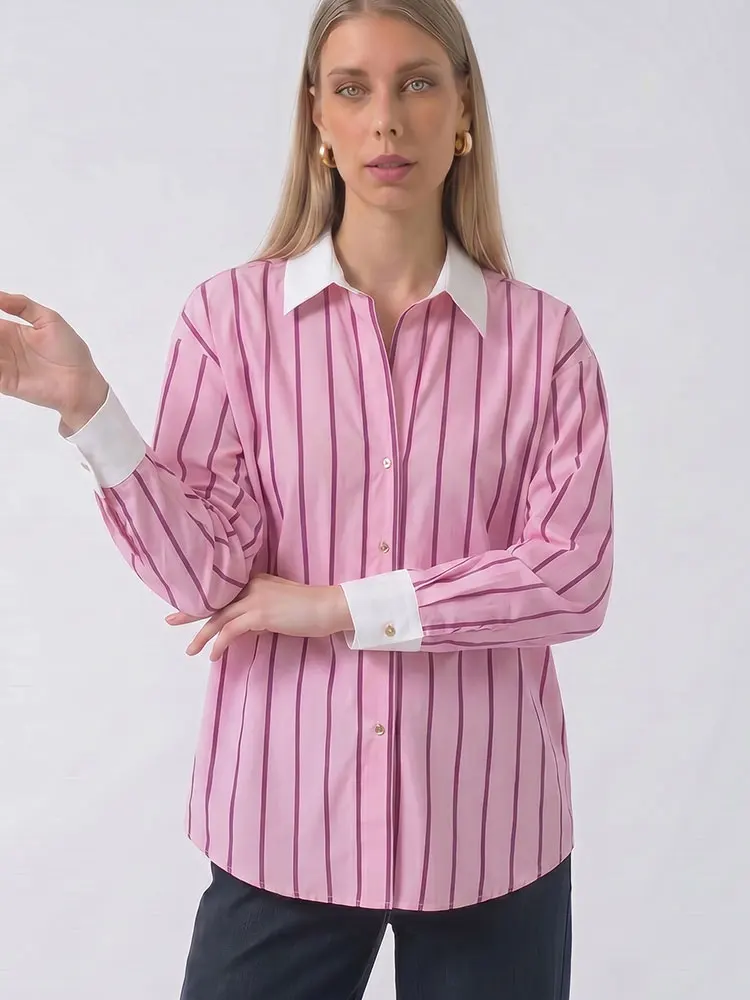 HH Damen Sommer Retro Gestreiftes Einreihiges Klassisches Loses Oberteil Langarm Revers Elegantes Party Casual Strand Urlaub Hemd