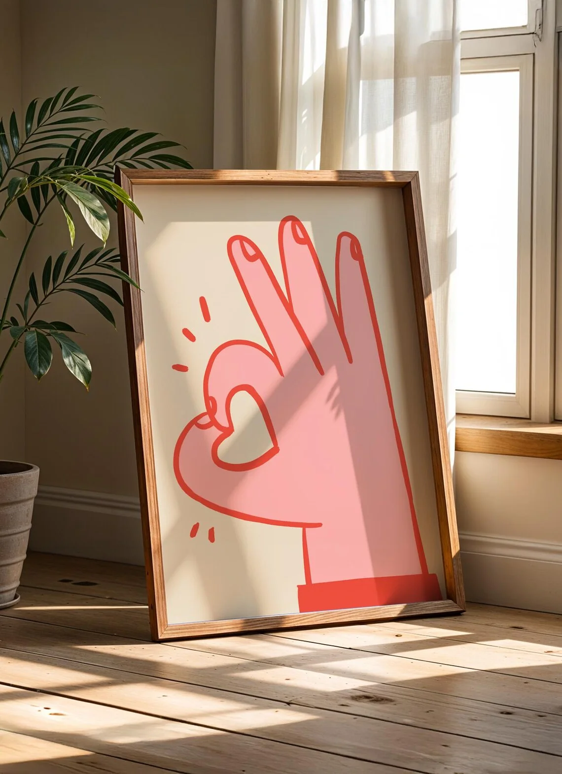 Minimalist Pink OK Hand with Heart Wall Decor Print - Cute, Trendy Line Art of a Pink Hand Making an "OK" Gesture, with a Heart image 6