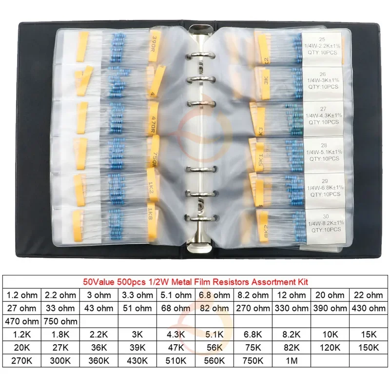 1/8W 1/4W 1/2W 1W 2W 3W 1% 1 ohm - 3M kit di resistori a Film metallico campionario