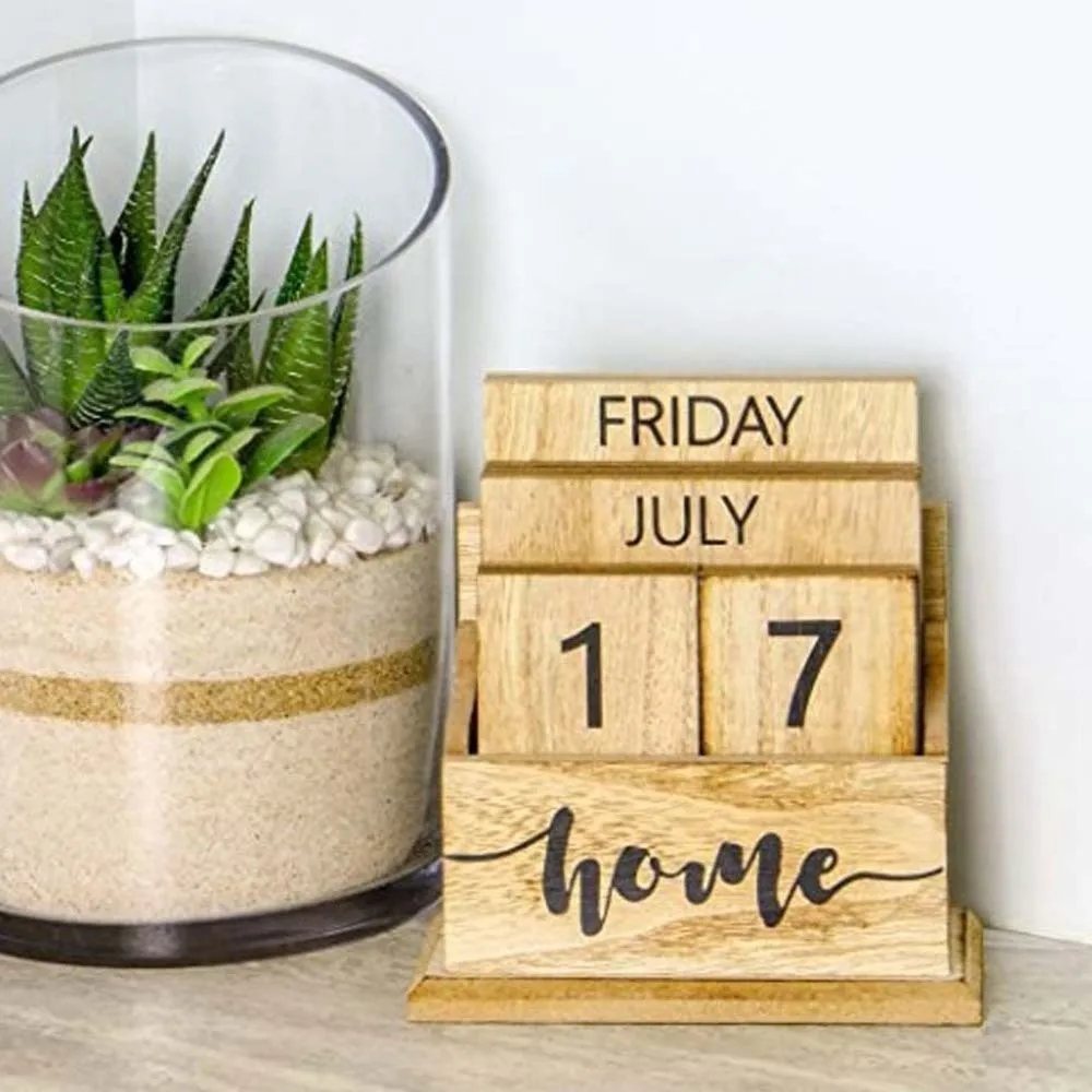 Calendario perpetuo de madera estético, adorno de calendario de escritorio Manual de Cactus, decoración reutilizable para el hogar, indicador de fecha, adorno de estudio