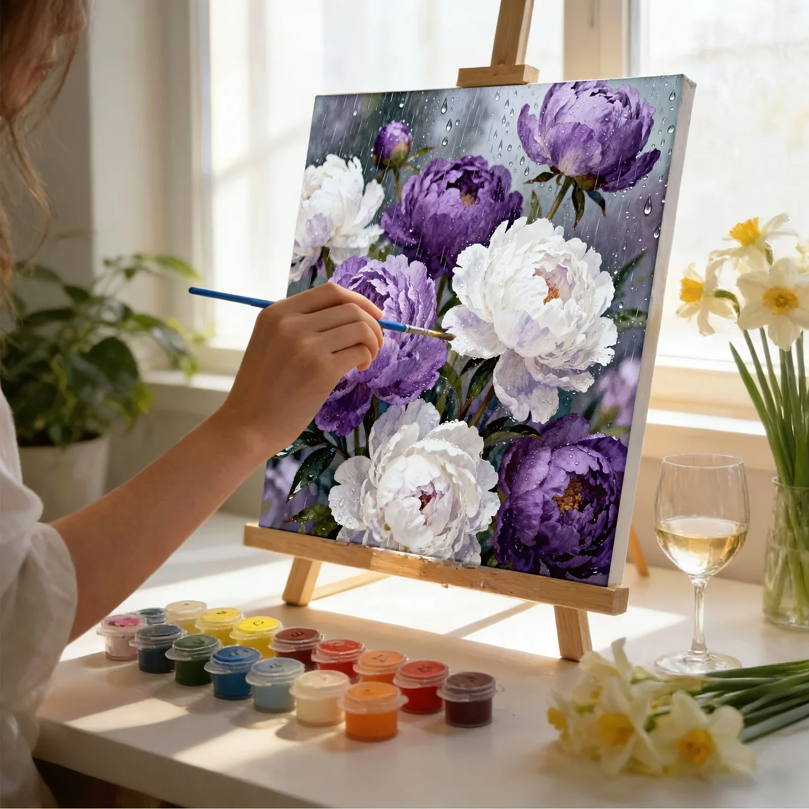 Professional Art Use, 1pc Raindrops on Purple and White Peonies- Frameless - Suitable for Art Students Digital Painting Kit - Pr