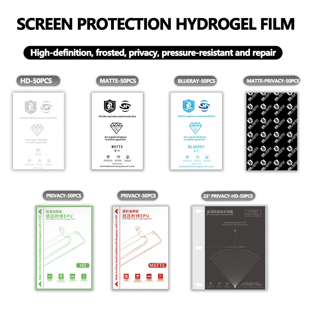 50Pcs Screen Protector Hydrogel Film Micas Glass Movies Sheet HD Clear Matte Blueray Privacy Plotter Cutting Machine Curved TPU