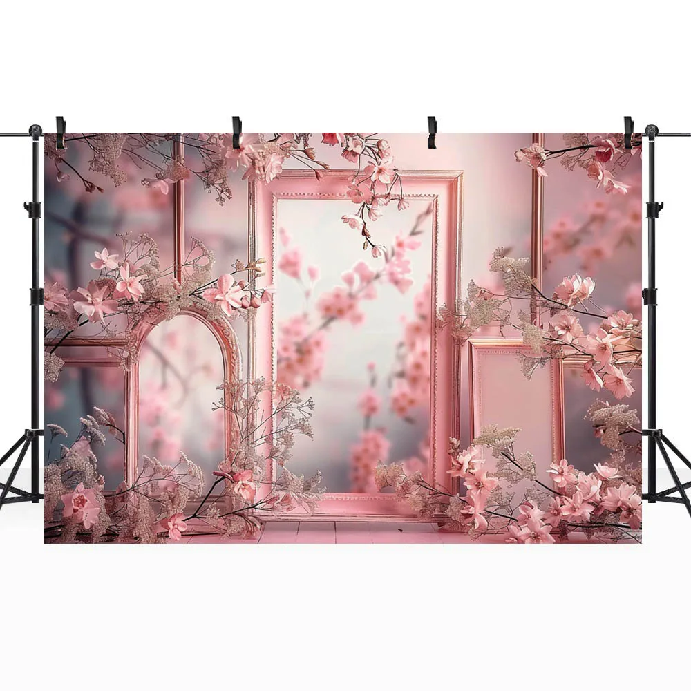 Mocsicka Backdrops for Photography Pink Mirror Frame Flower Women Girl Vintage Art Photo Background Photo Studio Photocall Props