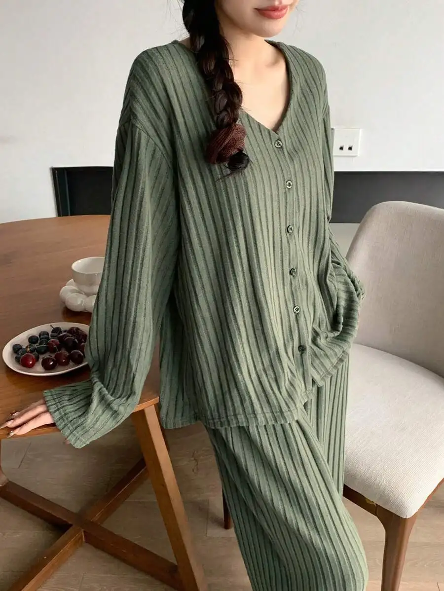 

Minimalist Brushed Ribbed V-Neck Loungewear Set Women Pajama Cozy Fall Winter Outfit