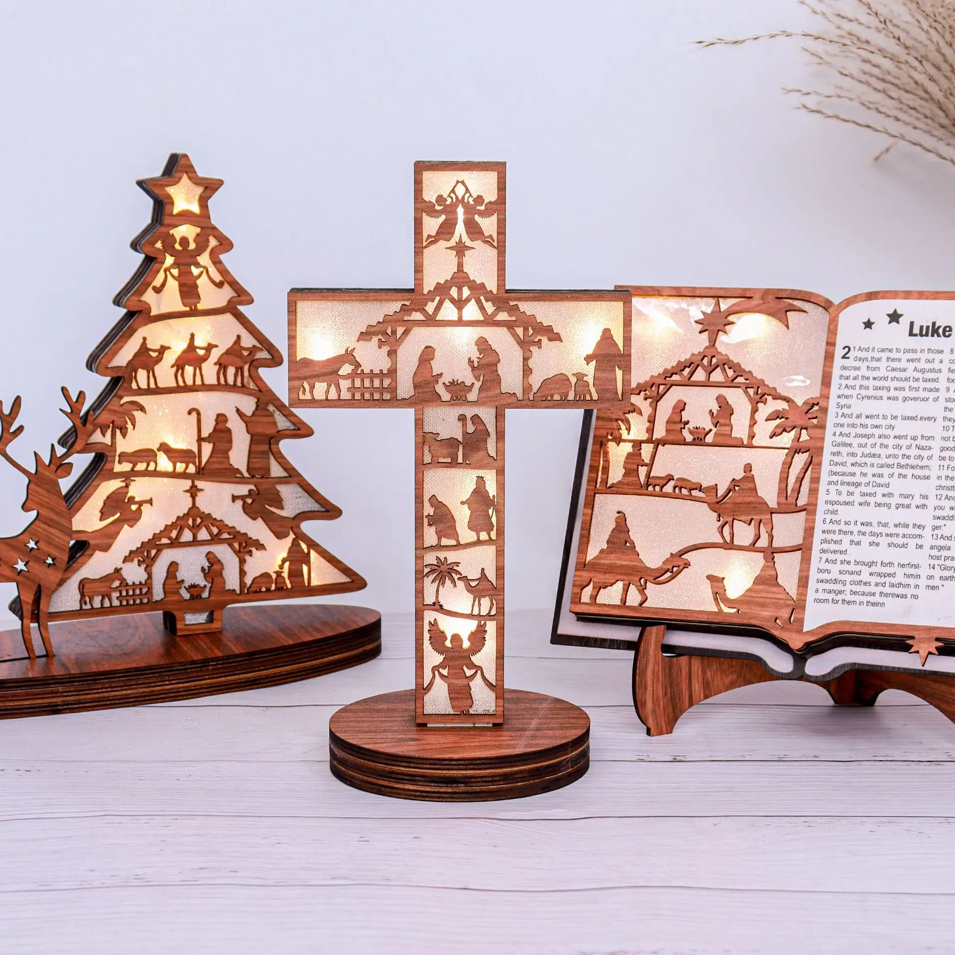 Wooden Luminous Jesus Christ Nativity Scene Ornaments Christmas Tree Elk Easter Birth Bedroom Decoration Ornaments Home Decor