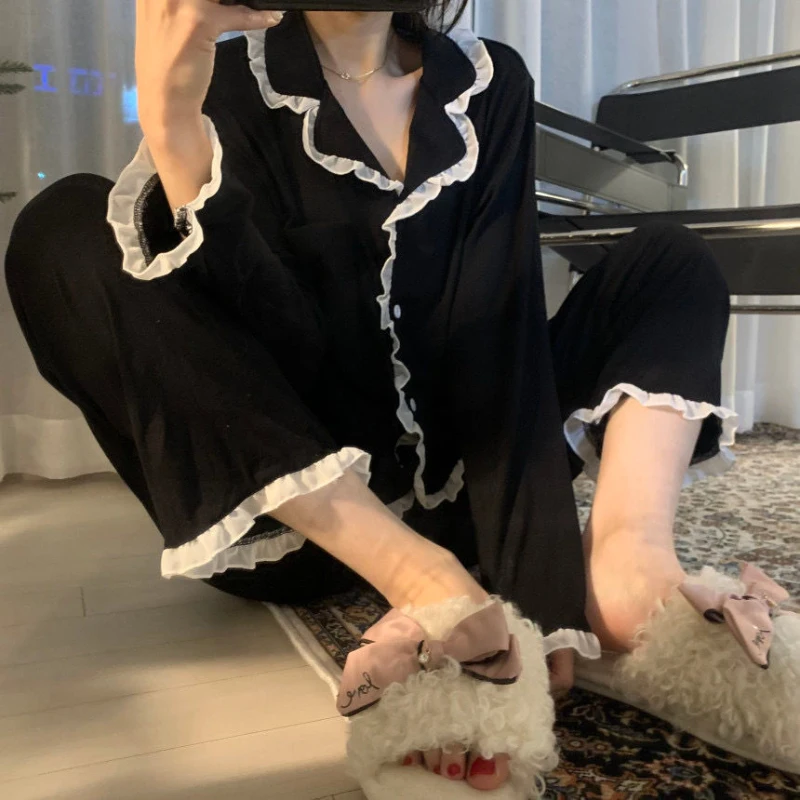 Autumn Winter Women's Pijama Set Long-sleeved Trousers Lace Pajamas Set Home Wear Clothes Black Leisure Women Sleepshirt Sisters