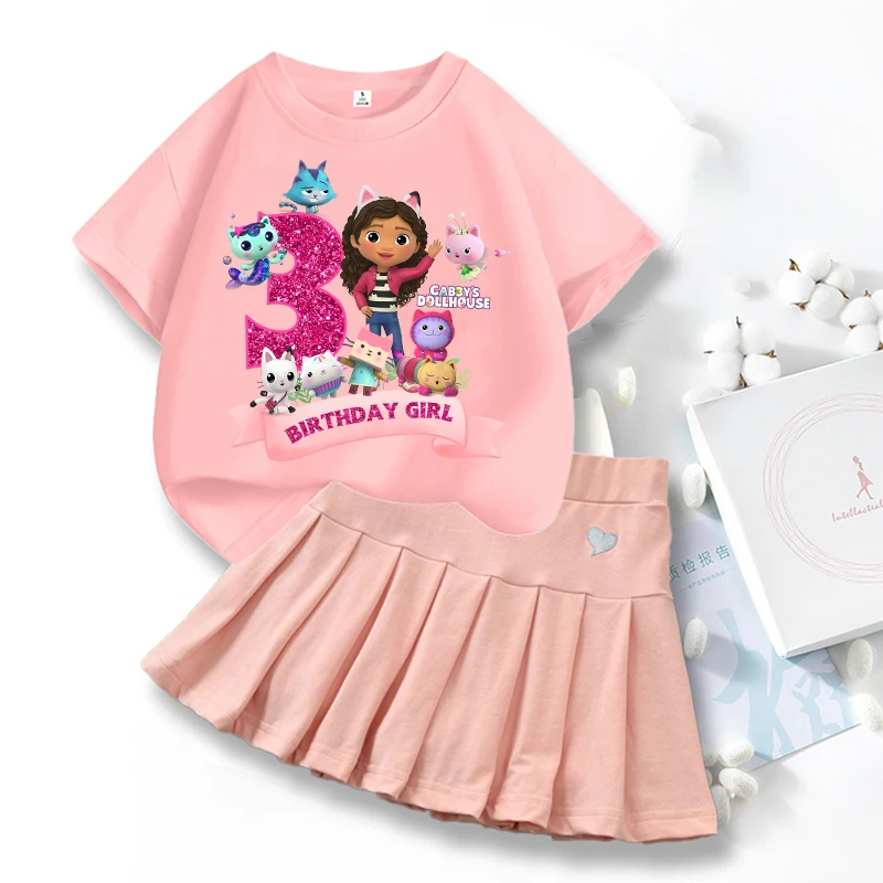 

Gabby's Dollhouse Embroidery Shirt T-shirt Set for Girls Anime Cartoon Fashion Dress Top Suit Girls Summer Sweet Skirts Suits