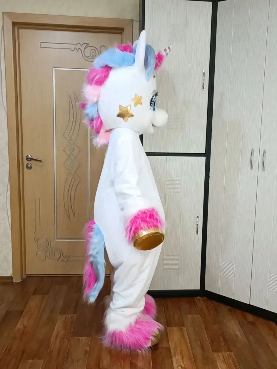Bonito branco rosa unicórnio mascote traje dos desenhos animados arco-íris cavalo fantasia roupas cosplay festa ternos peludos para o carnaval de halloween