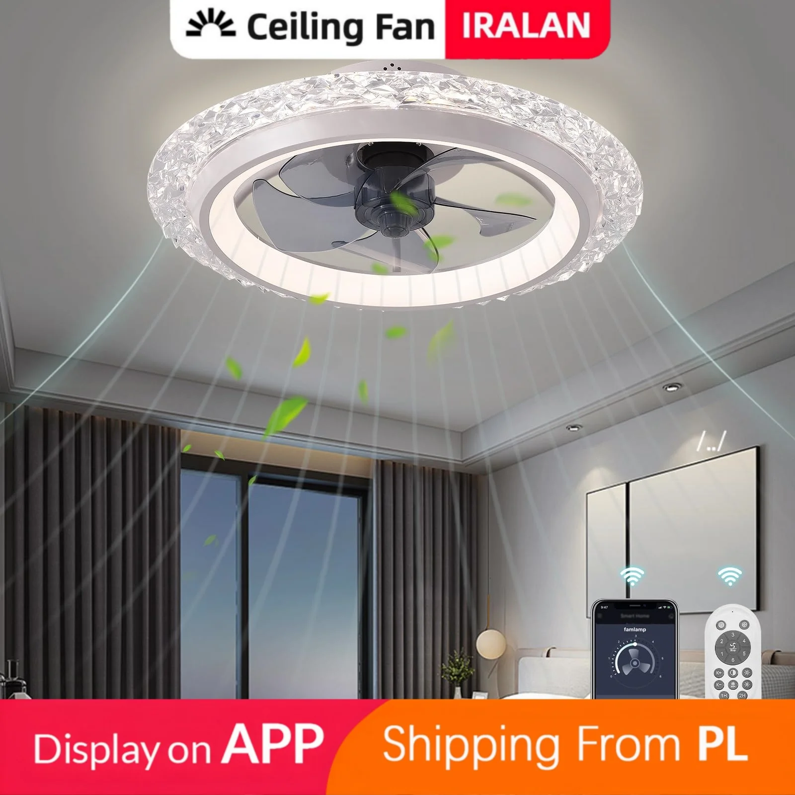 Lámpara de Techo Moderna con Ventilador de Estilo Cristal IRALAN, Intensidad Regulable Infinitamente, Iluminación de 3000-6500K, Adecuada para Dormitorio, Sala de Estar, Oficina, Vestíbulo