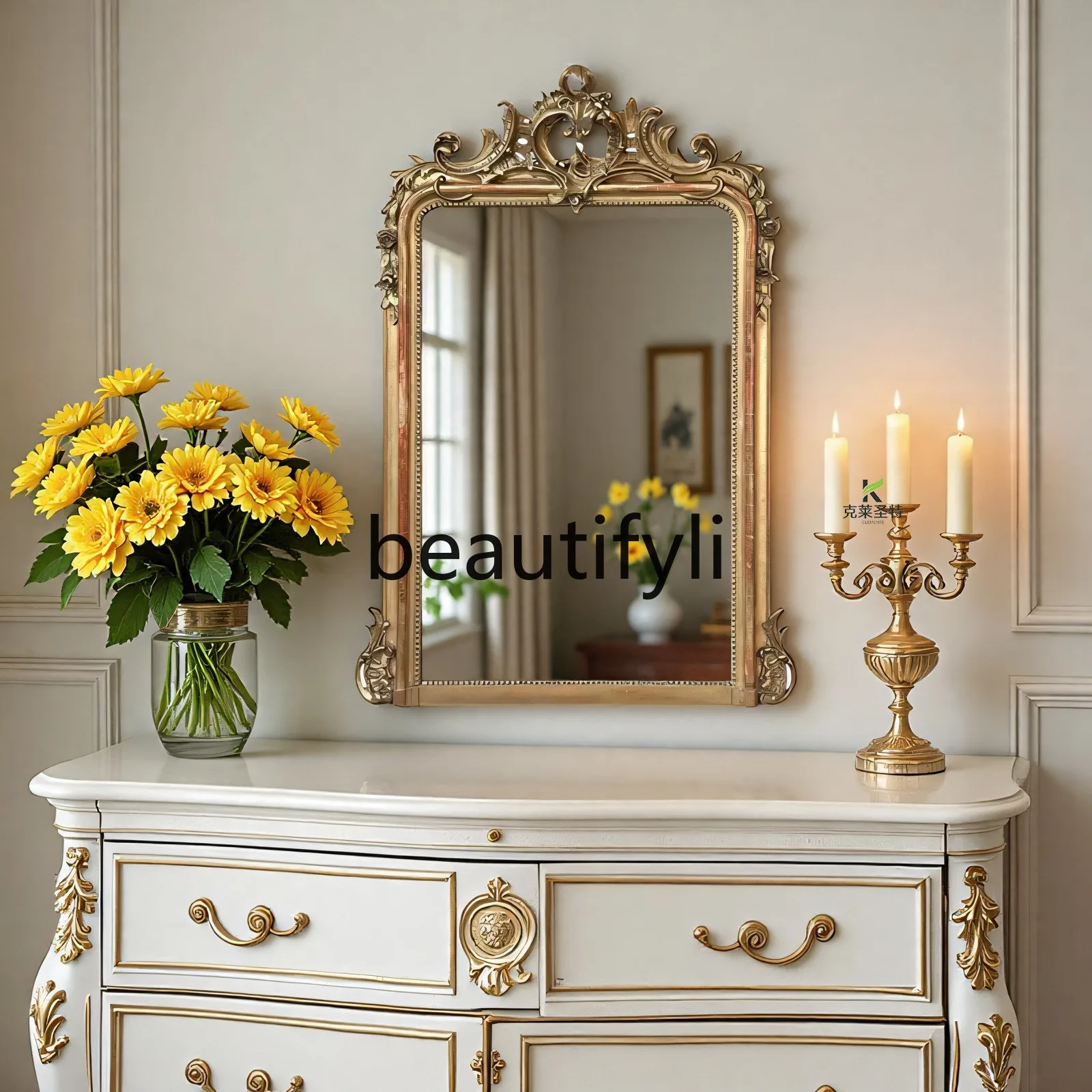 

French retro carved mirror master bedroom dresser, European bathroom mirror, American fireplace, decorative mirror