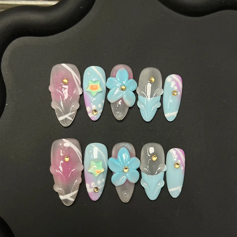 

10pcs Handmade Fake Nails Sets Wearable French Blue Long Almond False Nail Art with Flower Rhinestone Design Press on Nails Tips