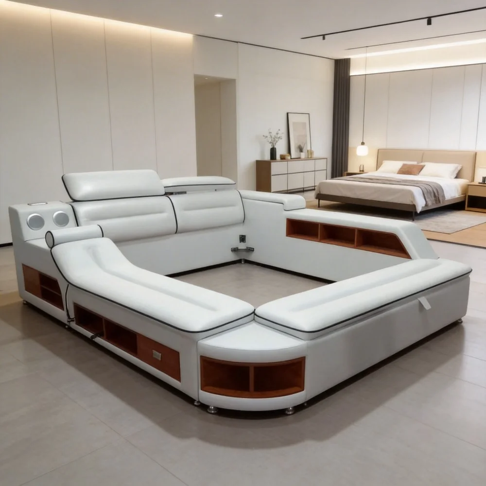 Upholstered King/Queen Size Bed, Modern Genuine Leather Platform Bed Frame with Storage, Adjustable Headboard, LED Light & USB