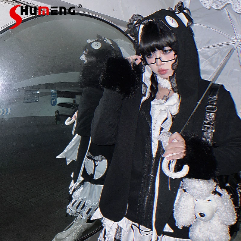 

Japanese Style Original Black Zipper Cat Ear Design Fleece Lined Fluffy Sleeves Teeth Jacket Autumn Winter Subculture Cute Coat