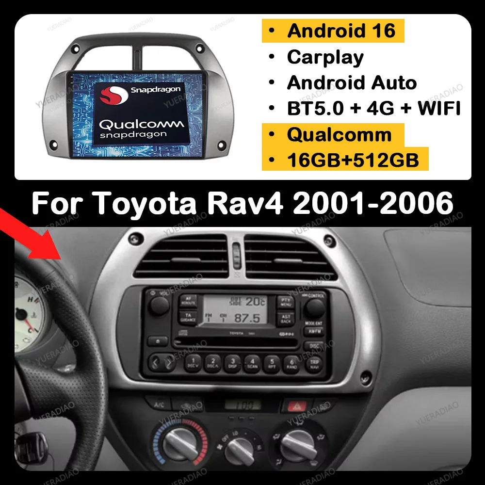 Radio para Auto Android 16 para Toyota RAV4 Rav 4 2001 2002 2003 2004 2005 2006 BT GPS NAVI 4G WIFI Reproductor Multimedia Estéreo de Video QLED