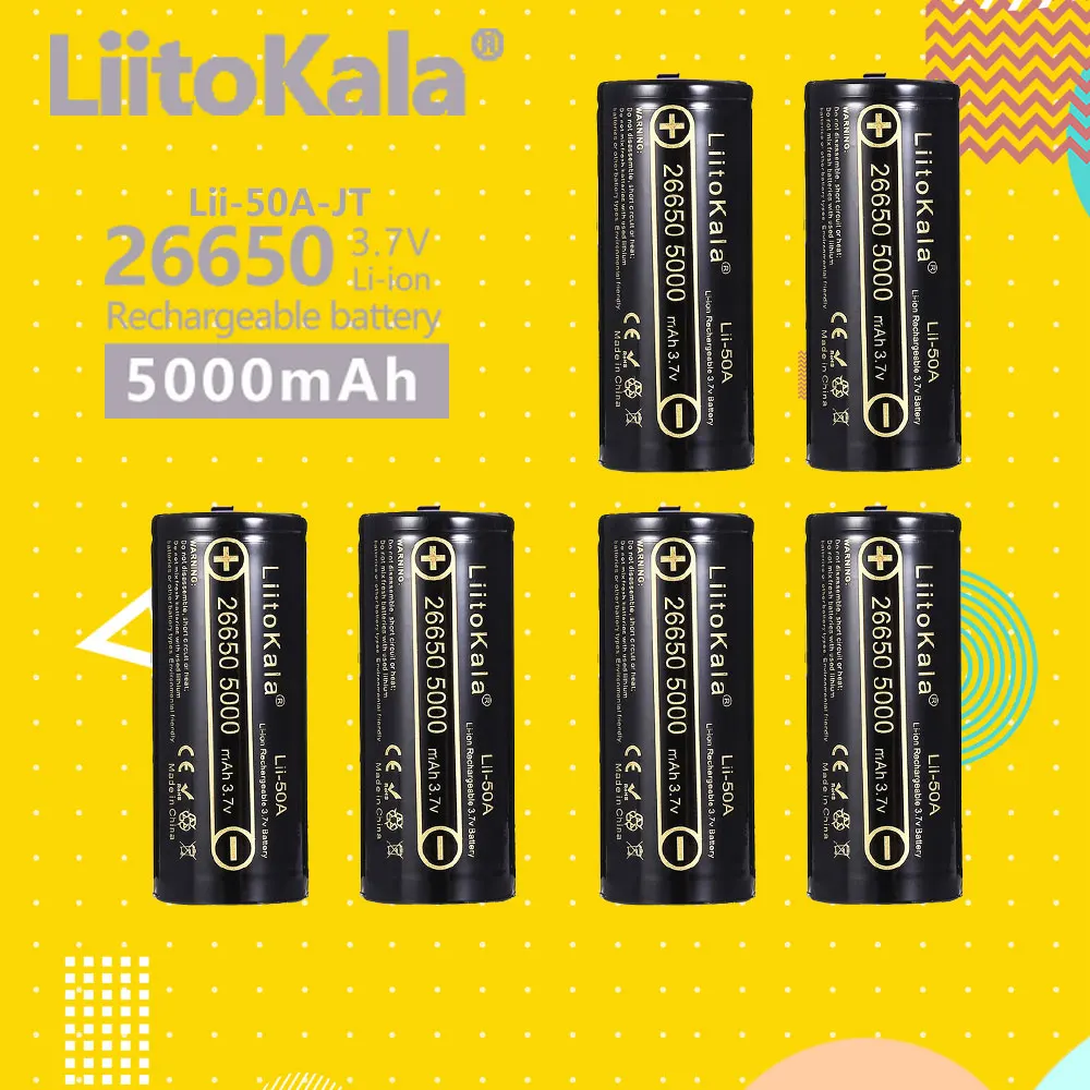 LiitoKala Lii-50A Pointed 3.7V 26650 5000mA Rechargeable batteries Discharger 26650-50A 20A Power battery for flashlight E-tools