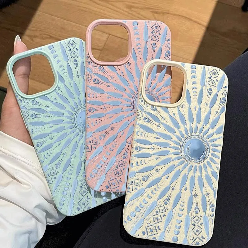 Blue Sun Totem Lychee Pattern Shockproof Phone Case For iPhone 17 16 15 14 Plus 13 12 11 Pro MAX 17 Air Silicone Phone Case
