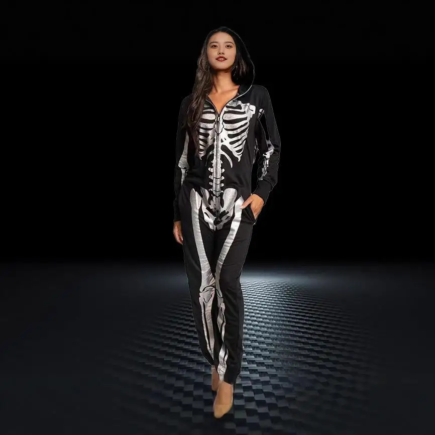 

loween Skeleton Print Hooded Jumpsuit Long Pants Women's High Waist One-Piece Suit Comfortable Sweatirt Sle Spring 2024