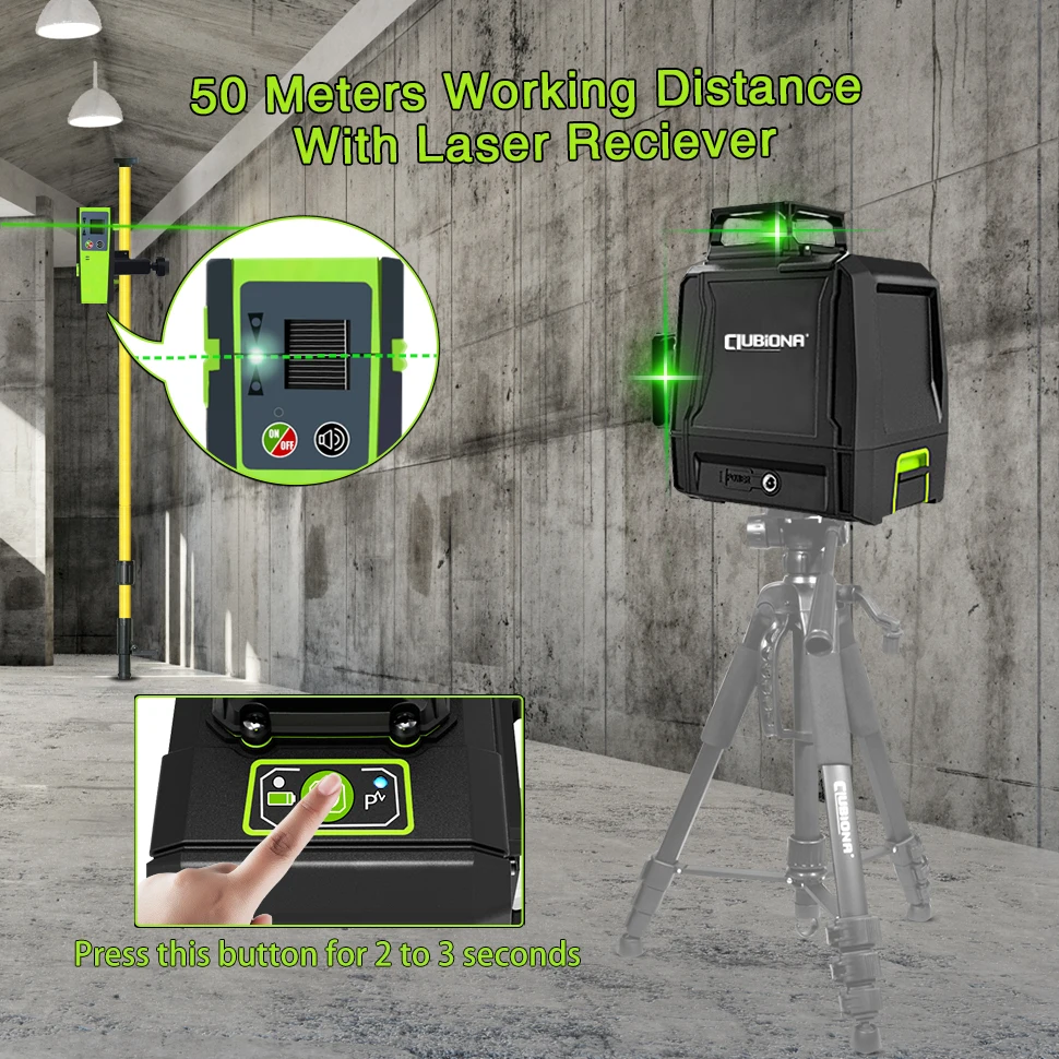 Clubiona CE Certificated 3D New ABS and PC Shell Shockproof Lines Laser Level with 5200 mah BATTERY Work Separately Laser Lines