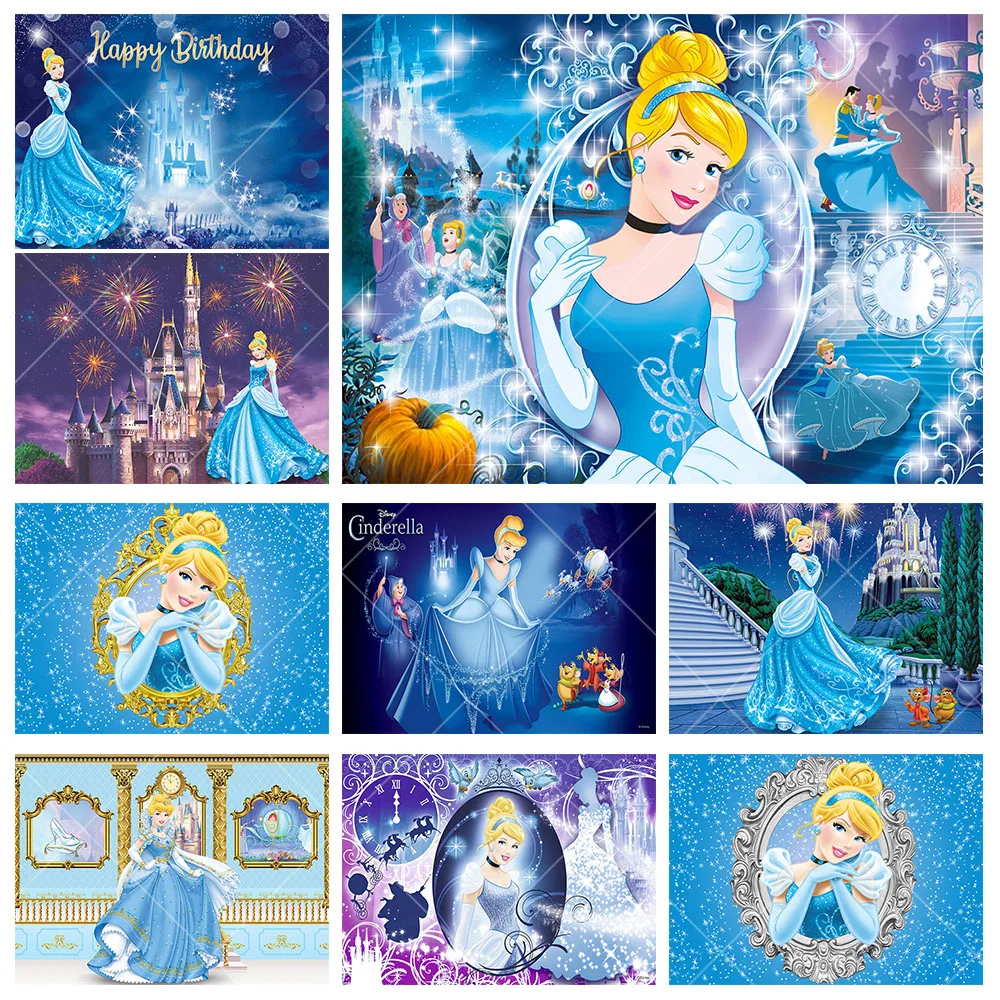 Disney Princess Cinderella Backdrop Girl Birthday Party Photo Background Disneyland Blue Castle Polyester Vinyl Decoration Props