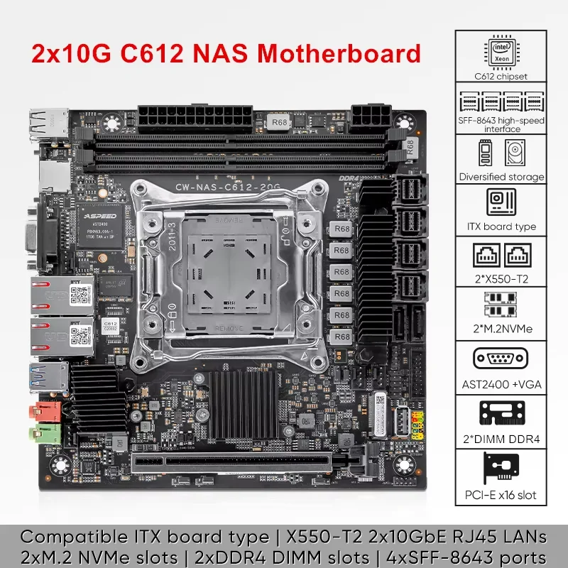 Topton NAS Motherboard Intel XEON E5 V4 Dual 10G NICs Server Grade C612 Max 10*SATA 4*NVMe PCIE X16 Split Firewall ITX Mainboard