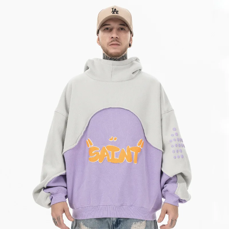 

2025 Autumn/Winter New Trendy Brand Three Dimensional Foam Color Blocked Hoodie with Velvet Hooded Pullover for Men