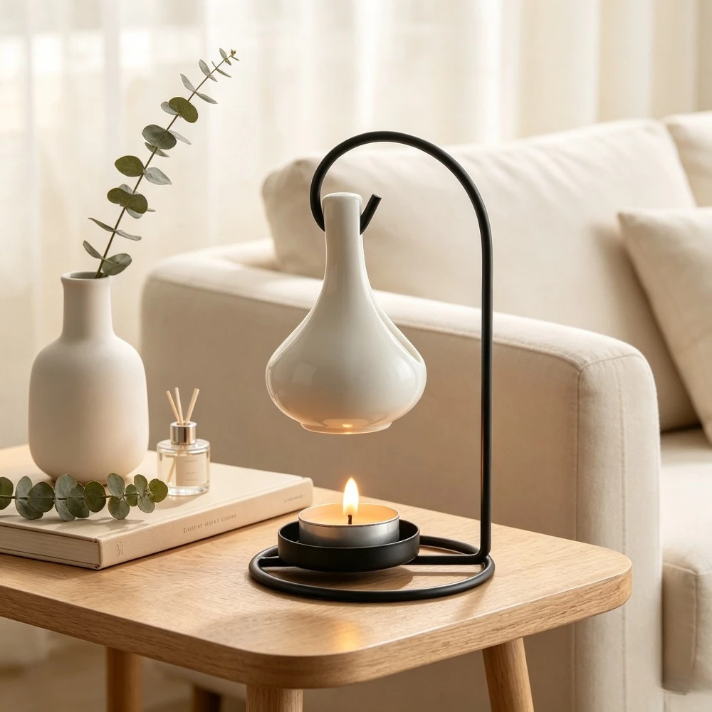 Nordic Hanging Ceramic Tealight Candle Holder Black Iron Bracket Aromatherapy Lamp for Bedroom Dining Room Decor