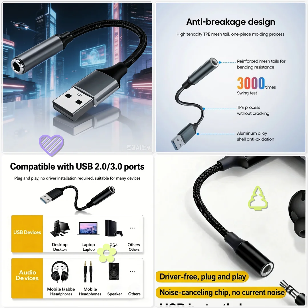 USB to 3.5mm Audio AUX Cable Adapter External Sound Card Female Port to 3.5mm Jack Headphone Mic Laptop Video Conference