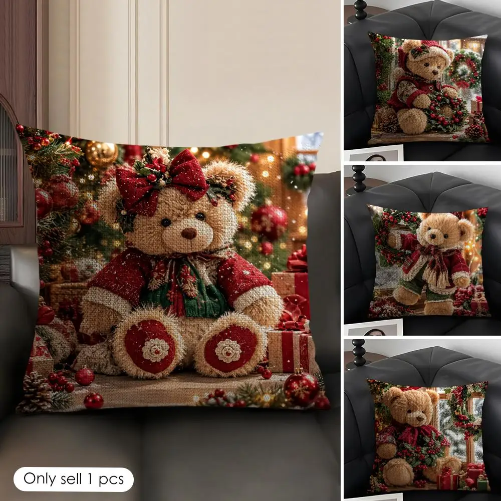 Christmas Teddy Bear Cushion Cover Natural Linen Organic Fabric Double-Sided Printing Breathable Perfect Gift For Decor