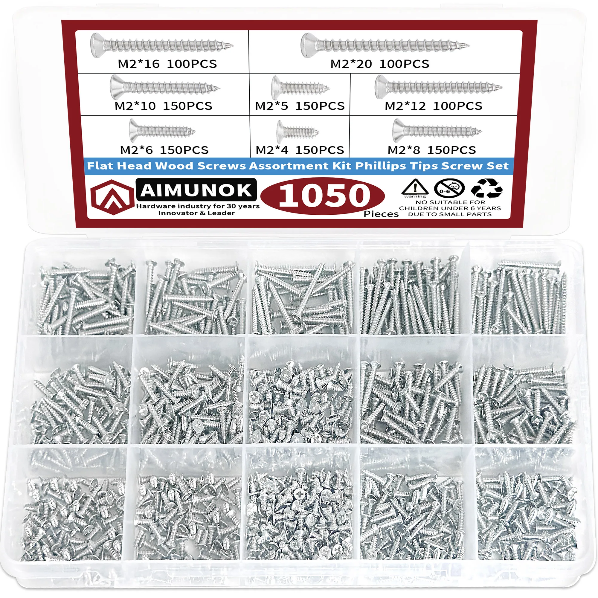 1050pcs Wood Screws Assortment Kit, Phillips Tips Wood Screws Set, Screws, Flat Head Assorted Screws M2 x 4/5/6/8/10/12/16/20 Ca