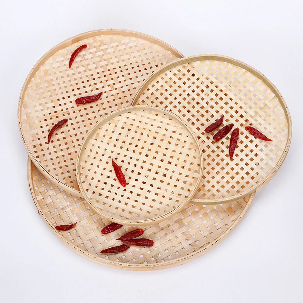 

2pcs Bamboo Woven Low Basket Mesh Strainer Multifunctional Household Snack Stackable Kitchen Sieve Reusable Round Serving Tray