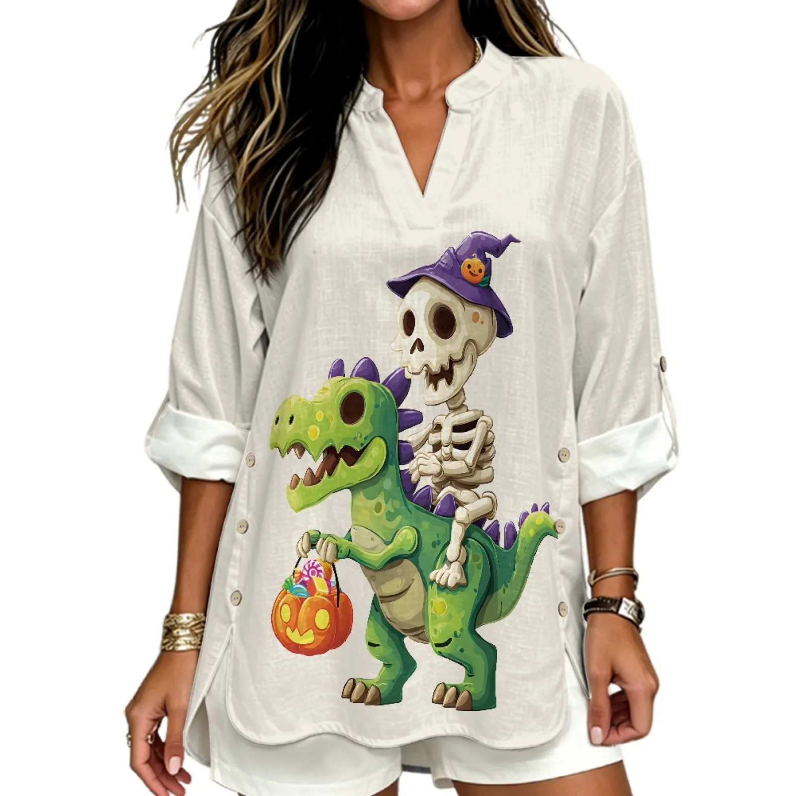 PENSTROLL Zombie Dinosaur Pattern Rolled Sleeve Causal Shirt for Women Linen Like Long Sleeve Blouse Women's Tops