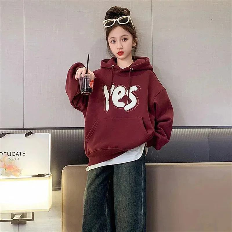 Hoodies Sweatshirts Girls Cotton Tops Overcoat Outwear 2025 Red Wine Spring Autumn Windproof Kids Christmas Gift Children's Clot