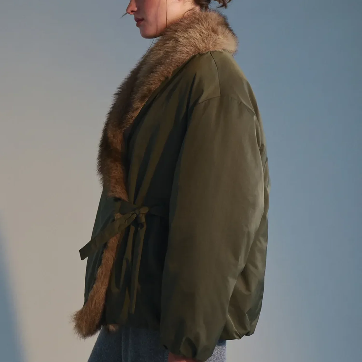 Winter Women Loose Wrap Coat Faux Fur Trim Collar Belted Warm Outerwear