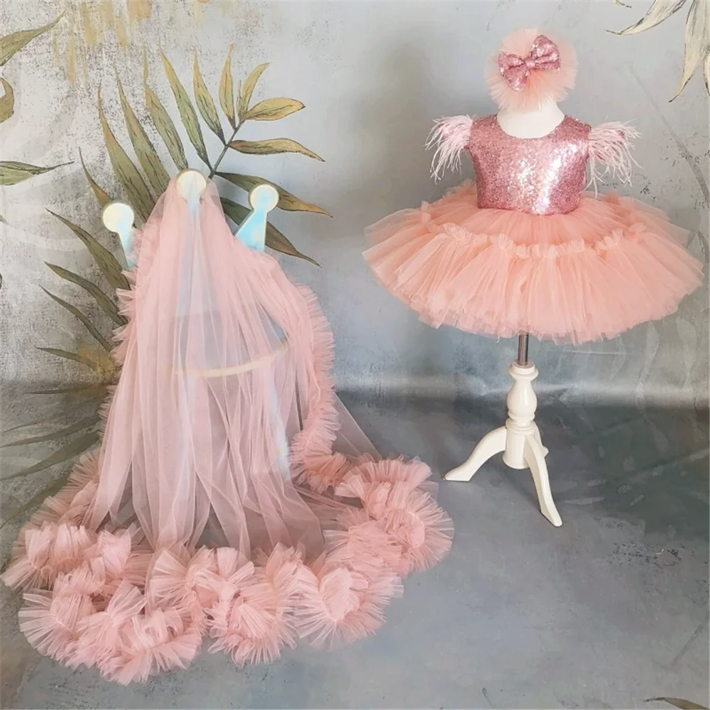 Abiti da ragazza di fiore angelo arancione Tulle con paillettes con fiocco senza maniche per matrimonio, regalo di compleanno per bambini, abito da prima comunione