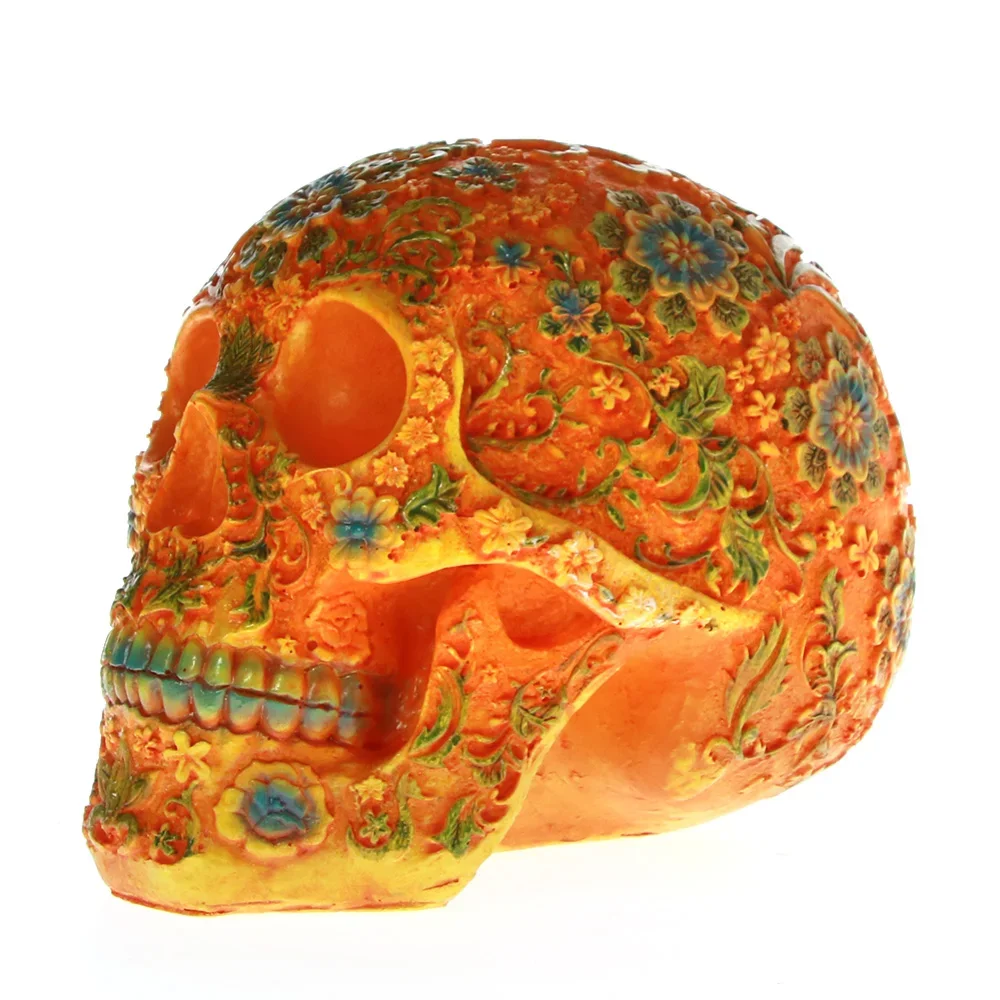 MGT-Mexican Day of the Dead Floral Carved Skull Head Resin Figurine, Orange Sugar Flower Skull, Halloween Sculpture