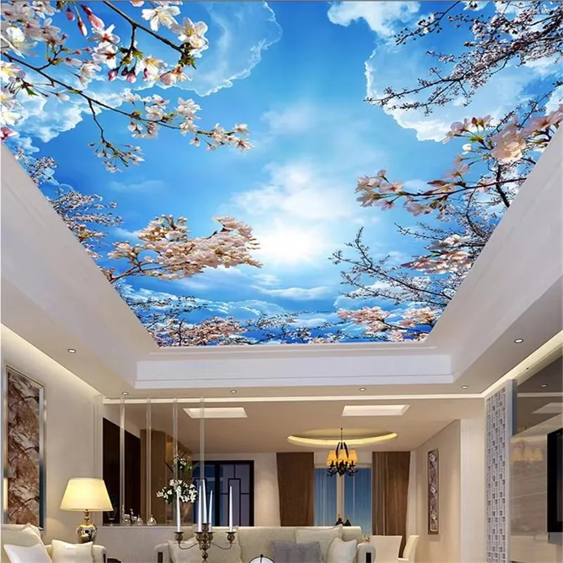 

Пользовательские обои 3D фреска голубое небо белое облако вишневый цветок потолок зенит фреска гостиная спальня обои домашний декор