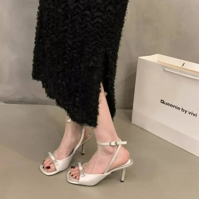 2024Satin Bow Slingback Stiletto High Heel Sandals Sexy Fashion Women Open Toe Ankle Buckle Sandals Lady Dress Luxury Shoes